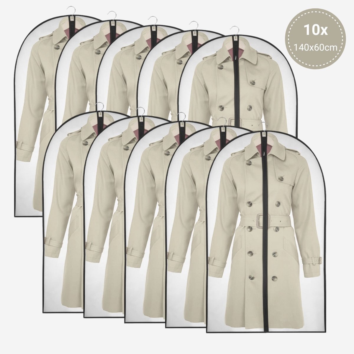 WinFong Kledinghoezen Transparant 10 Stuks – 140x60 cm – Kledingzakken met Rits – Waterbestendig, Stofvrij & Kreukvrij – Bescherming tegen Motten & Geuren – Voor Jurken, Jassen & Maatpakken – Voordeelset