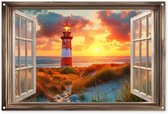Tuinposter 120x80 cm - Tuindecoratie Doorkijk - Raam - Vuurtoren - Zonsondergang - Strand - Poster voor in de tuin - Buiten decoratie - Schutting tuinschilderij - Tuindoek muurdecoratie - Wanddecoratie balkondoek