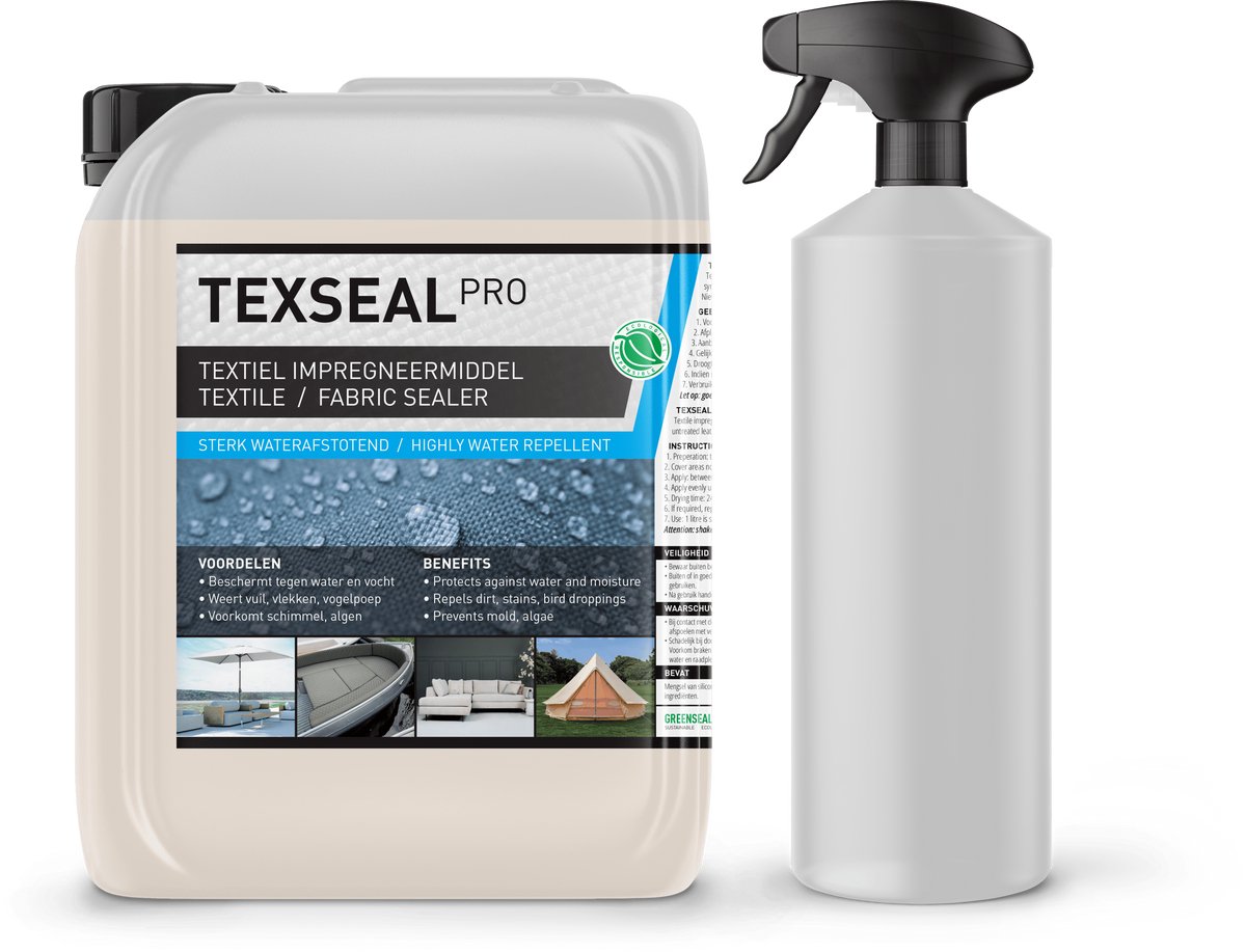 Textile Protector Spray PRO - Impregneerspray Textiel, Bank, Meubelstof, Bootkap, Cabrio, Tuinkussens, Zonnescherm, Parasol - 100% Waterafstotende Spray Schoenen - Best geteste Impregneermiddel - Texseal Pro 5L + SprayFlacon (30m2) op Prijzenvolger.com