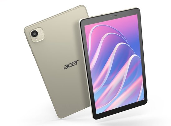 Zilveren tablet met Acer logo, camera achterop, en scherm met abstracte patronen.