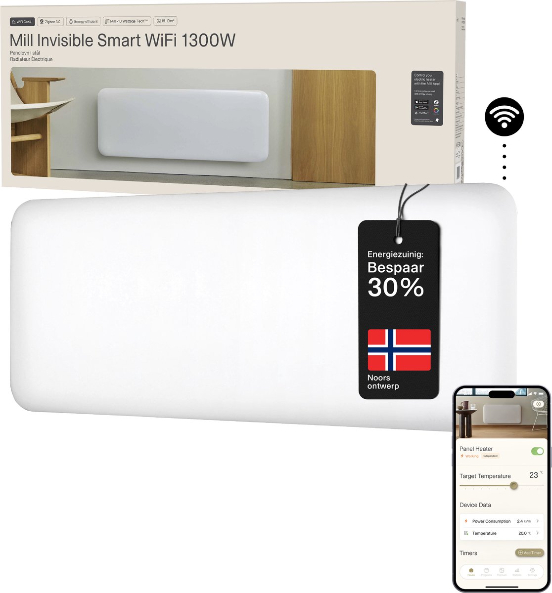 Mill PA1300WIFI4- WiFi-geïntegreerde stalen paneelverwarming - 1300 Watt - tot 19m2 - 100% stil - 5 jaar garantie