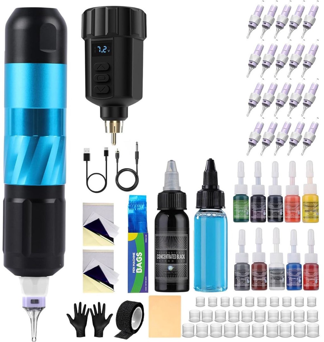 DailySupplies® Tattoo Machine met Accessoires - Tattoo kit Draadloos - Complete Set - Zwart en Blauw