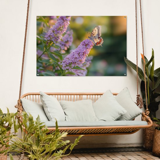 Affiche de jardin 120x80 cm - Décoration de jardin décorative - Papillon - Violet - Fleurs - Affiche pour le jardin - Décoration extérieure - Tableau de jardin clôture - Décoration murale en tissu de jardin - Décoration murale en tissu de balcon
