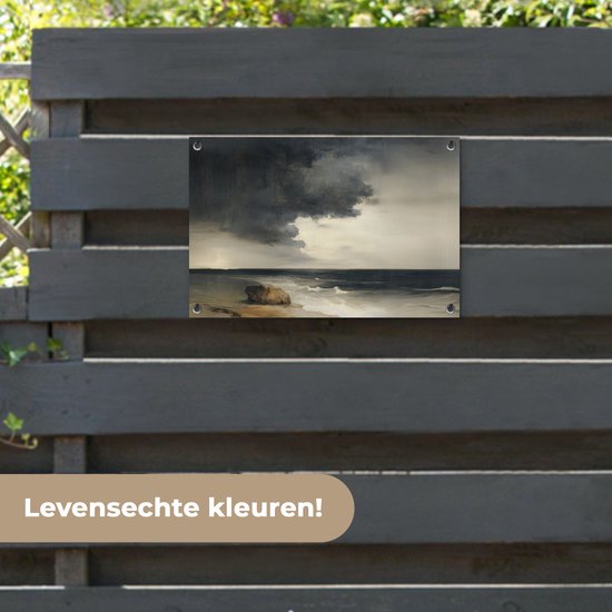 Tuinposter 60x40 cm - Tuindecoratie Kust - Golven - Rots - Storm - Poster voor in de tuin - Buiten decoratie - Schutting tuinschilderij - Tuindoek muurdecoratie - Wanddecoratie balkondoek
