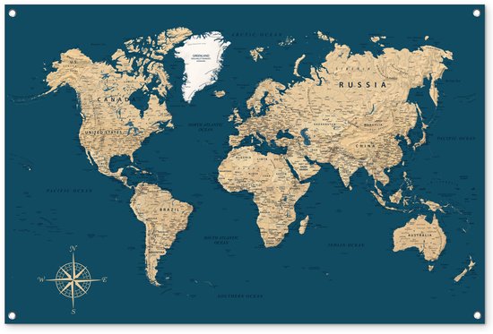 Affiche de jardin 120x80 cm - Décoration de jardin Wereldkaart - Bleu foncé - Beige - Affiche pour le jardin - Décoration extérieure - Tableau de jardin clôture - Décoration murale en tissu de jardin - Décoration murale en tissu de balcon