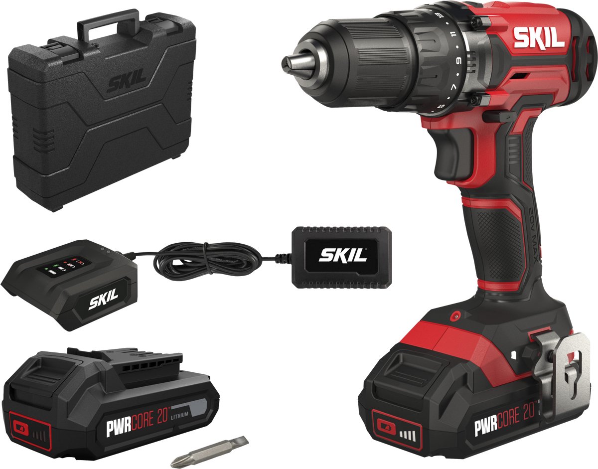 SKIL Accuboormachine 20V - Accu Schroefboormachine - Boormachine - Schroefmachine - Boren & Schroeven - Twee Snelheden - Inclusief Draagkoffer, Dubbel Schroefbit & Riemclip - Geleverd Met 2 Accu's & Oplader - Skil 3008 HG
