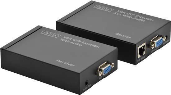 Twee zwarte metalen behuizingen: een receiver en een sender, voor VGA UTP Extender.