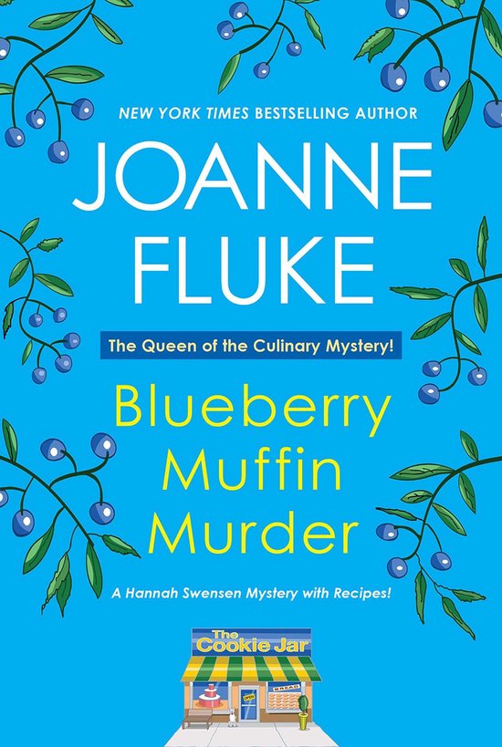 Couverture de livre sur fond bleu. Titre: Blueberry Muffin Murder par Joanne Fluke.