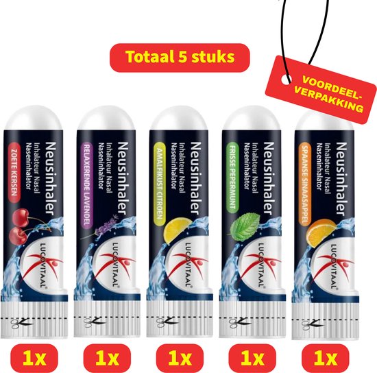 Lucovitaal Neusinhaler - 1x Lavendel, 1x Spaanse Sinaasappel, 1x Frisse Pepermunt, 1x Amalfikust Citroen, 1x Zoete Kersen voordeelverpakking