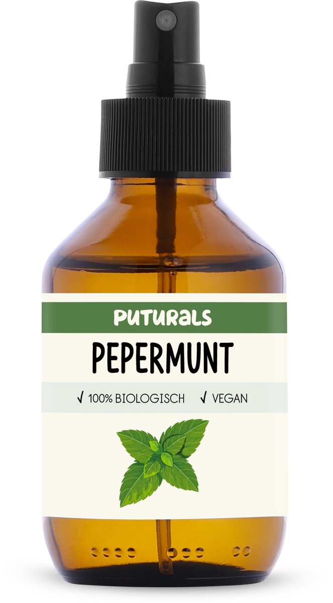 Puturals Pepermuntwater 100% Biologisch - 150ml - Puur en Vegan - Pepermunt Spray voor Huid en Haar - Zonder Alcohol - Bijproduct van Pepermunt Olie - Bruine Glazen Fles + Verstuiver