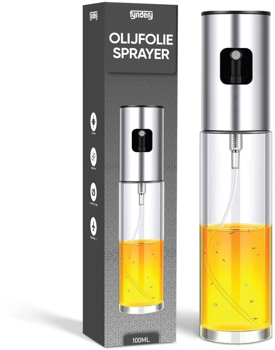 Fyndery® Olijfolie Sprayer – Olijfolie Fles Verstuiver – Olie Pomp Bakspray – Cooking Spray – Glas – Zilver – 100ML – Oliefles – BBQ Accessoires – Voor Keuken
