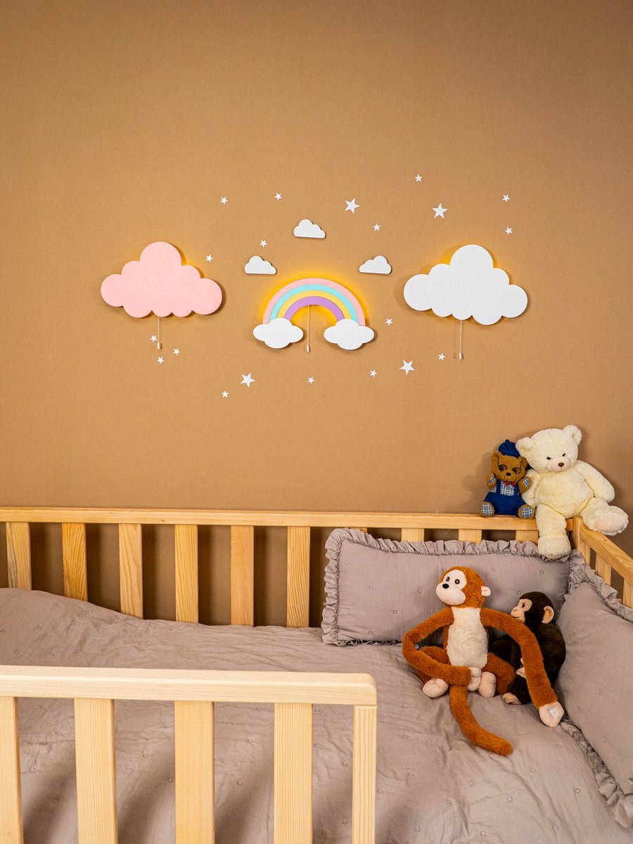 Cozy – Regenboog LED Wandlamp – Houten Nachtlampje voor de Kinderkamer – Handgemaakt & Batterij Aangedreven – Kindvriendelijke Wanddecoratie
