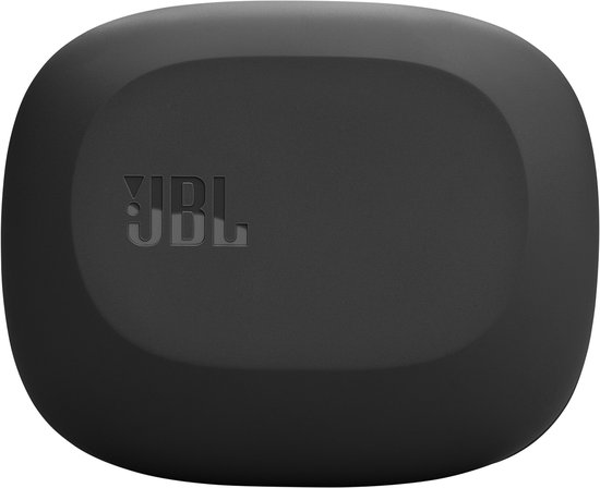 Boîtier de charge noir fermé pour écouteurs JBL Sense Lite avec logo en relief.