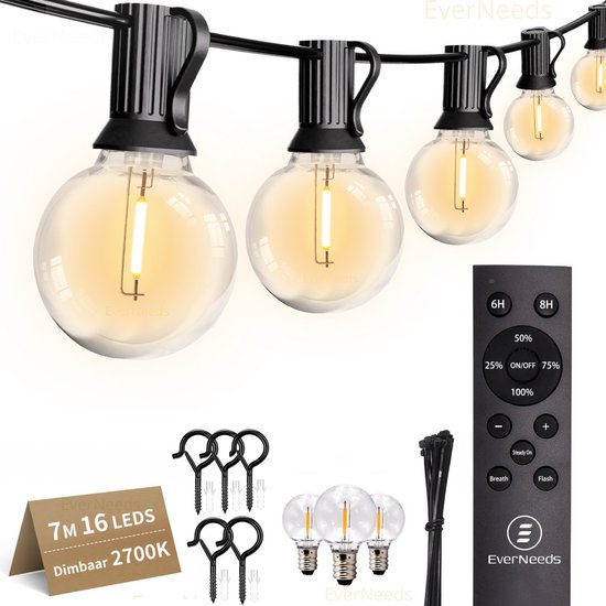 Foto: Everneeds lichtsnoer voor buiten 7 meter 16 led ip44 afstandsbediening met dimfunctie lichtslinger sfeerverlichting buiten en binnen tuinverlichting lampjes slinger 2700k 3 extra leds