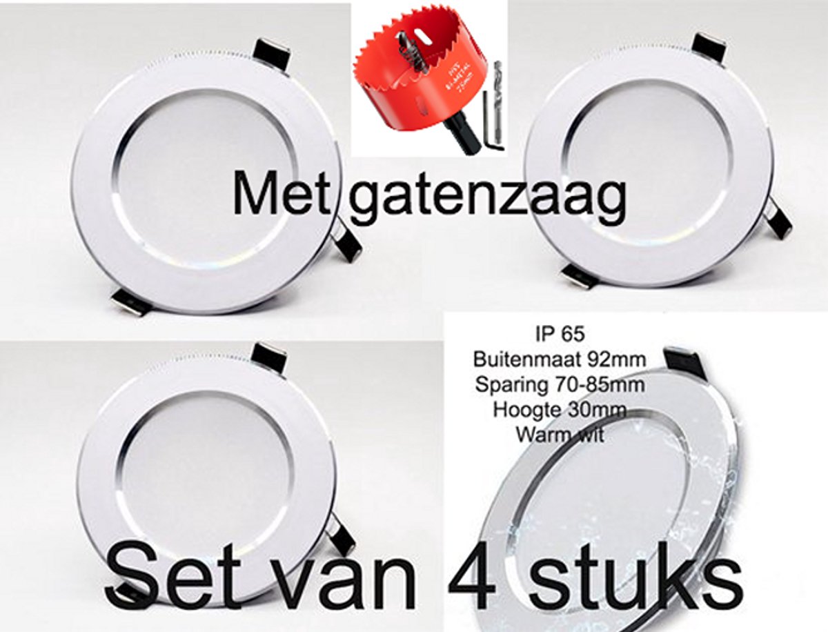 Set van 4 Waterdichte LED Inbouwspots – 5W Warm Wit 3000K – IP65 Badkamer & Buiten – Inclusief Gatenzaag – Sparing 70–85 mm