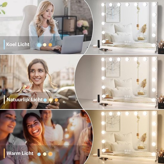 Royals Hollywood Spiegel 58x46CM - 15x Led Lampen - USB + USB-C Oplaadpoort - 10x Vergroting - 3 lichtstanden - Dimbaar - Smart Touch - hollywood spiegel met verlichting - Spiegel met verlichting - Make Up Spiegel - Visagie spiegel