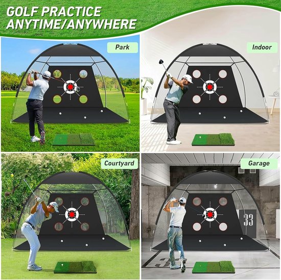 Mensen trainen golf met een golfoefennet op verschillende locaties: park, binnen, buitenplaats, garage.