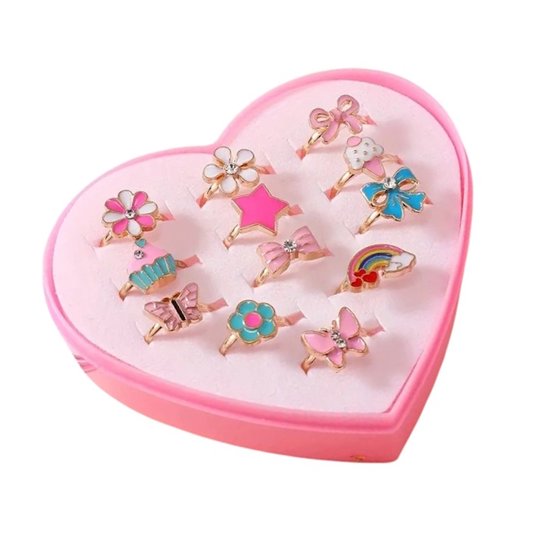 Bagues de 12 bagues Kinder - Fleur / Multi | Ajustable | Bijoux/ Messing |