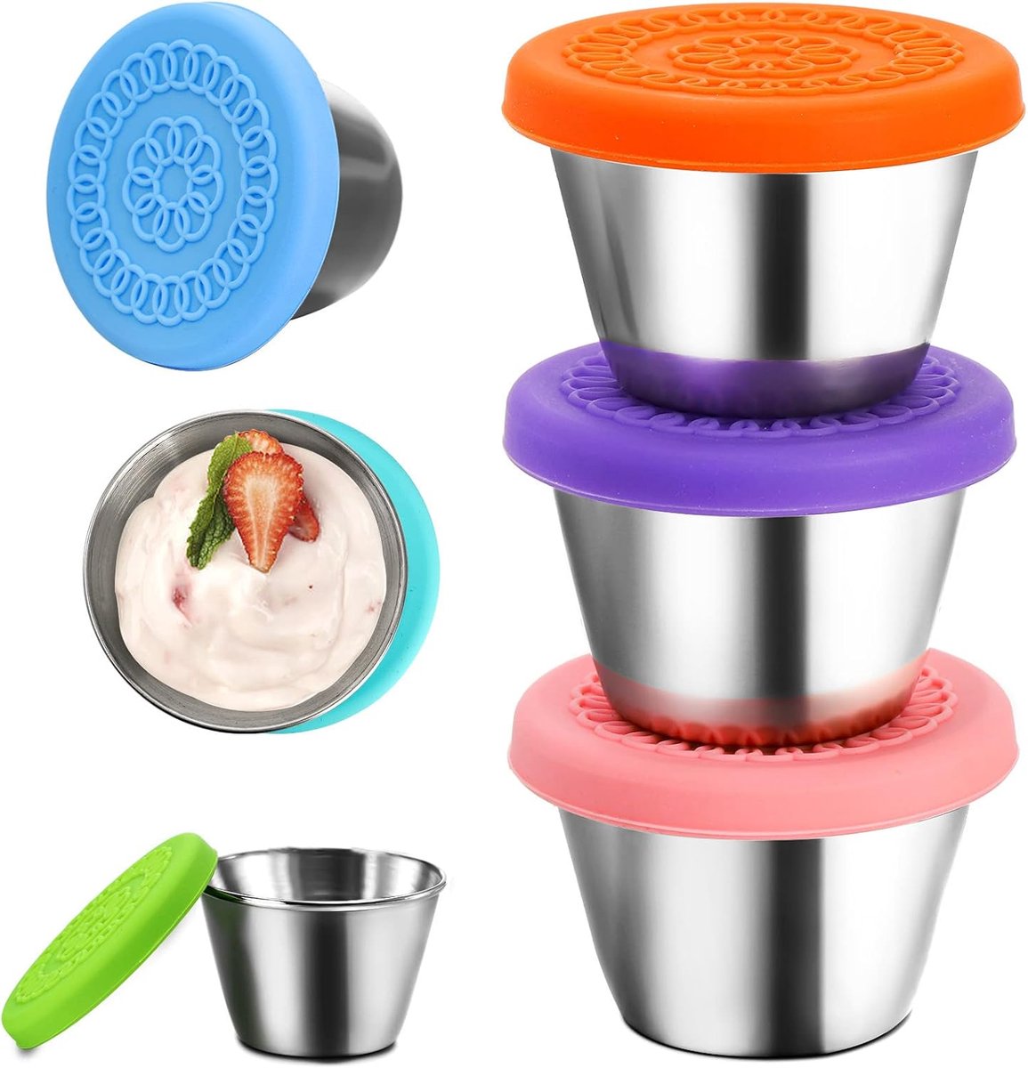 Mini-bewaarbakjes - RVS Snackdoosjes - RVS Bewaarbakjes - To Go Set 6 Dressingpotjes 70ml - Diepvriesbakjes - Bewaarbakjes met siliconen deksels - Kleine sausbakjes - Saladedressingbakjes - Dressing Bakje