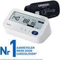 Witte Omron bloeddrukmeter met zwarte manchet, 'Nr. 1 Aanbevolen merk door cardiologen'