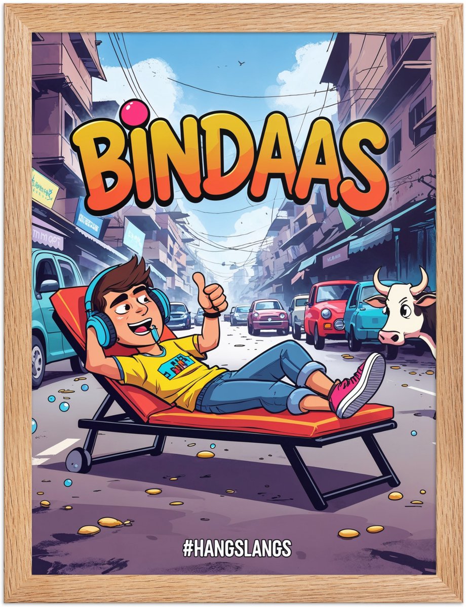 Funny Hindi Slang Poster Bindaas – Quirky Wall Art Print – Desi Home & Living Room Décor – 30×40 cm / A3 Oak