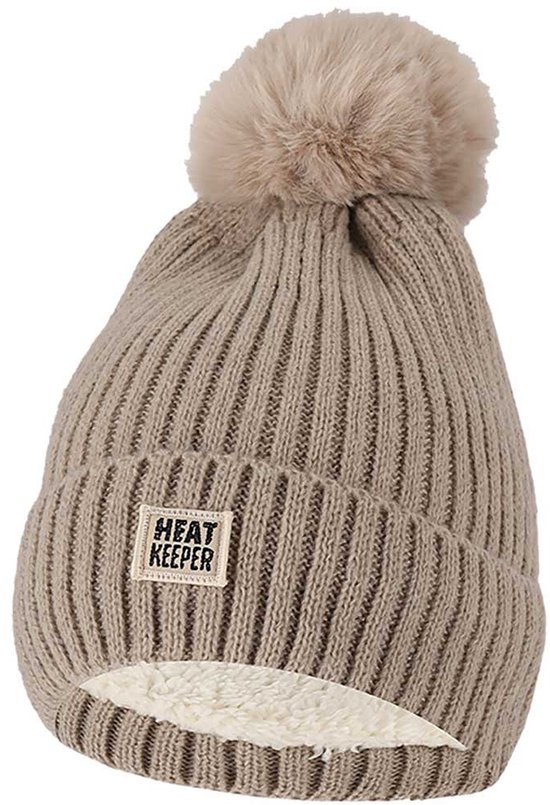 Bonnet femme Heatkeeper - avec pompon - beige chiné - taille unique