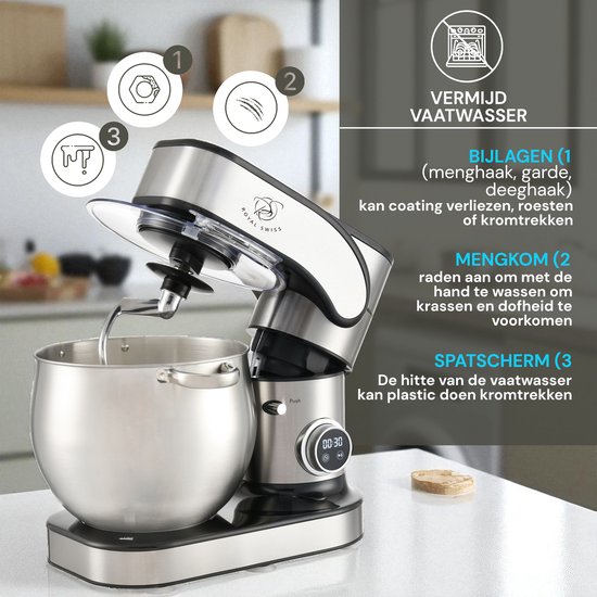 Royal Swiss® Keukenmachine 12L - Krachtige Planetaire Mixer 2000W - 12 Snelheden - Deegkneder, Klopper & Garde - RVS Mengkom - Model SC-603E van Royal Swiss — afbeelding 4