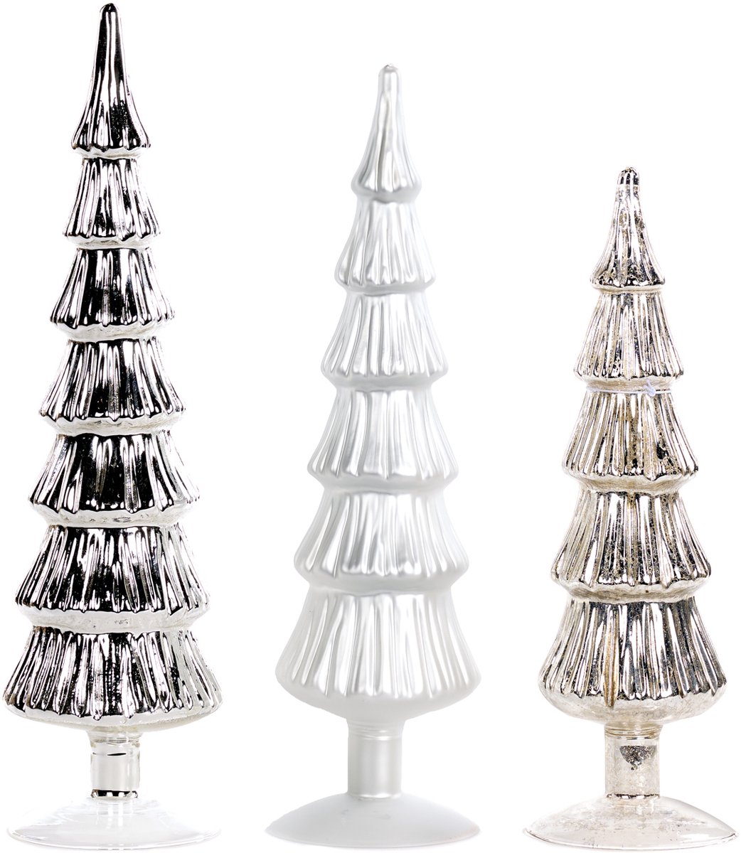 Goodwill Kerstboom Glas Zilver-Wit-Champagne H 28.5 cm Voordeelaanbod Set van 3 Stuks