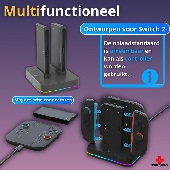 Multifunctionele, afneembare oplaaddock voor Switch 2 Joy-Cons met magnetische connectoren en RGB-verlichting.