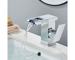 Lavabo Cascade LED Robinet Badkamer Monocommand Robinet Lavabo in Laiton Robinetterie Robinet Wasbak met warm en koud water Verchroomd