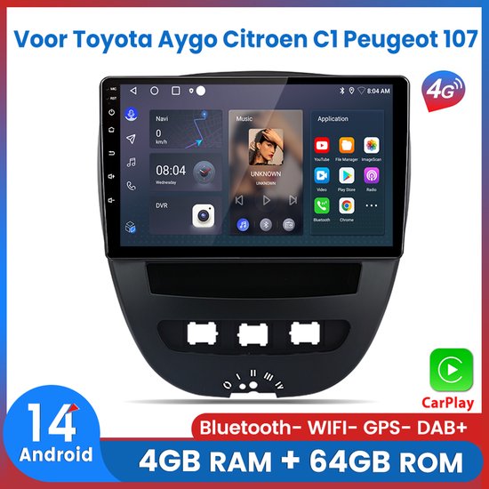 Awesafe 8-Core 4+64GB Autoradio - Geschikt Voor Toyota Aygo Citroen C1 Peugeot 107 2005-2014 - Draadloze Carplay Android Auto - Touchscreen - GPS Navigatie 4G WiFi - Bluetooth Radio - 2005 2006 2007 2008 2009 2010 2011 2012 2013 2014