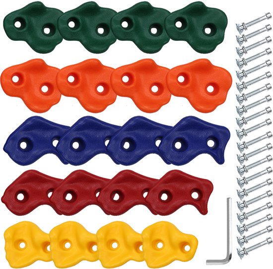Set klimstenen in groen, oranje, blauw, rood en geel, met bijbehorende schroeven.
