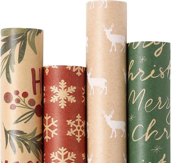Inpakpapier - Kerst inpakpapier - Kerstmis cadeaupapier - Inpakpapier met Figuren - 43 x 300cm - 4 Rollen - Kerstpapier inpakpapier voor kerst - Kerstpapier inpakpapier voor Kinderen - cadeaupapier - Cadeaupapier Kraft - Kerst - kerstpapier