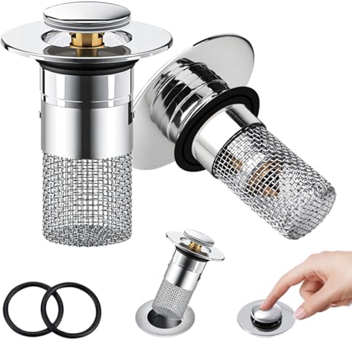 Wastafelstoppen met Zeef 34-40 mm – Set van 2 Pop-up Afvoerstoppen van Roestvrij Staal