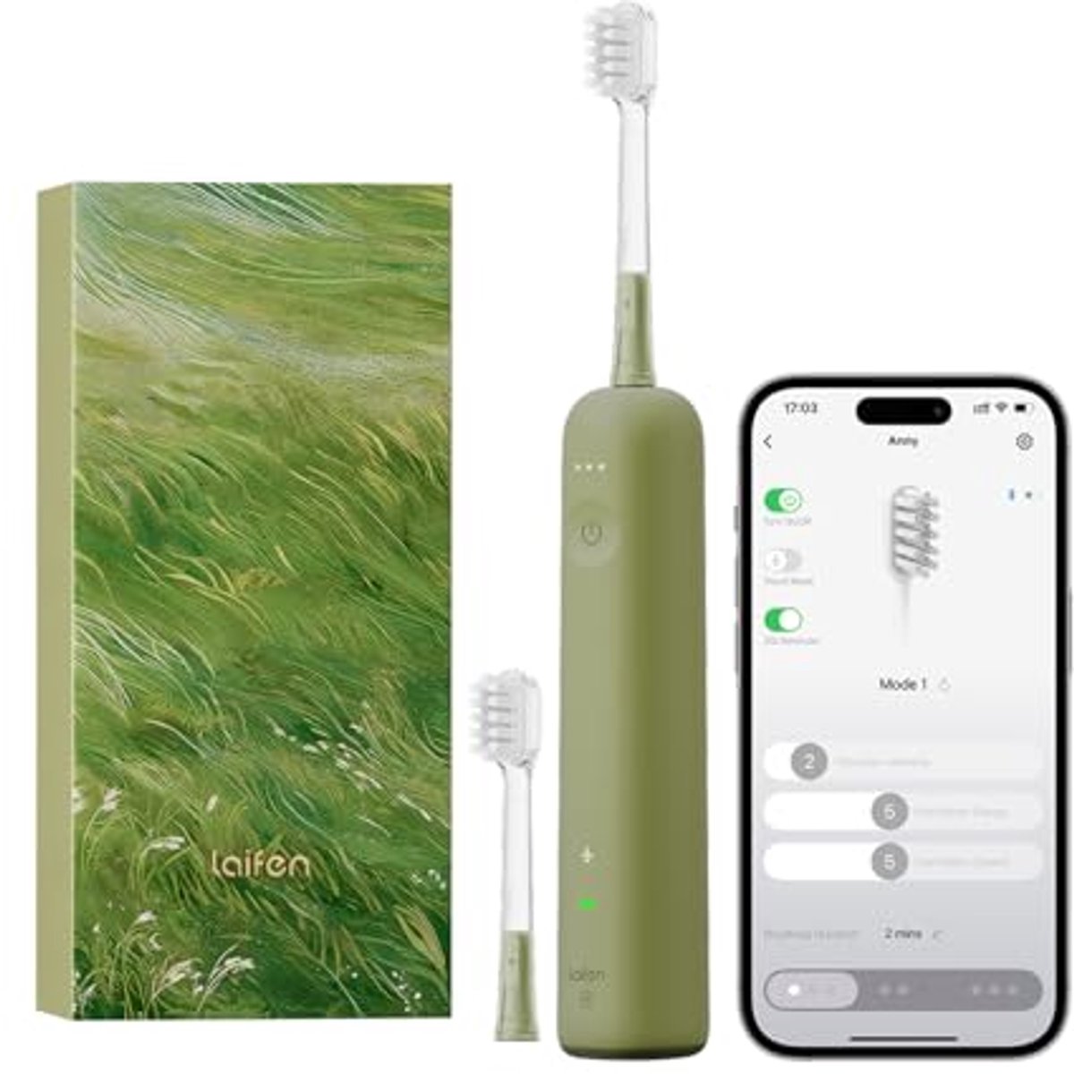Elektrische sonische tandenborstel met app, 60° trilling en IP68 waterdicht, 50 dagen batterijduur, 2 borstelkoppen