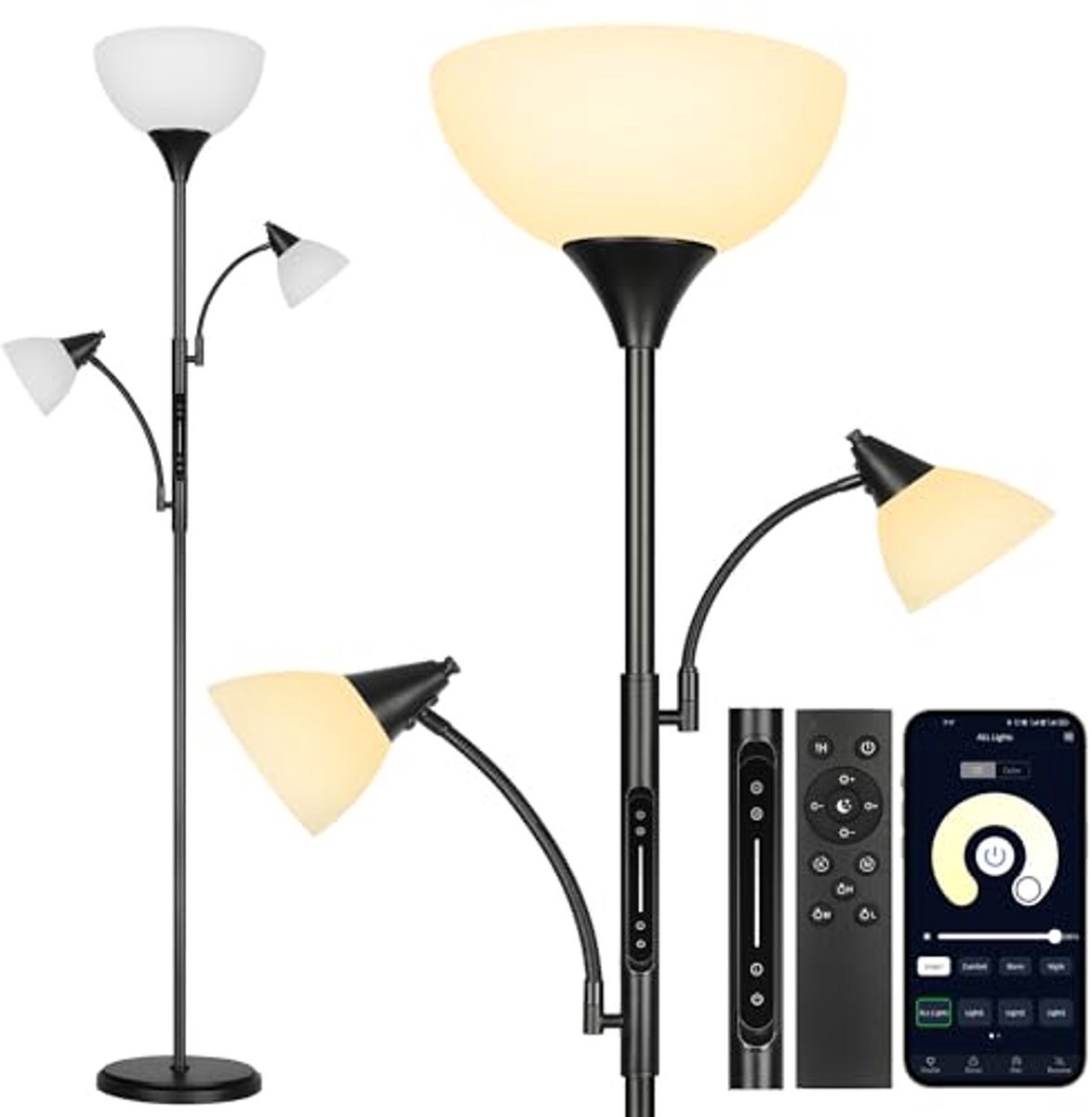 Dimbare LED Vloerlamp met 3 Leeslampen, Uplighter, Afstandsbediening, Touch- en Appbediening, 4 Kleurtemperaturen en Geheugenfunctie voor Woonkamer en Slaapkamer