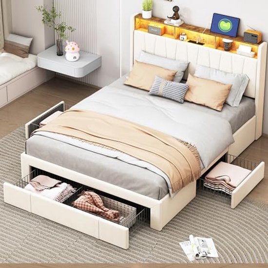 Tweepersoonsbed 140 X 200cm Met Lattenbodem, Bed 140 X 200cm Met LED En Usb Verlichting Linnen Bedframe Grijs
