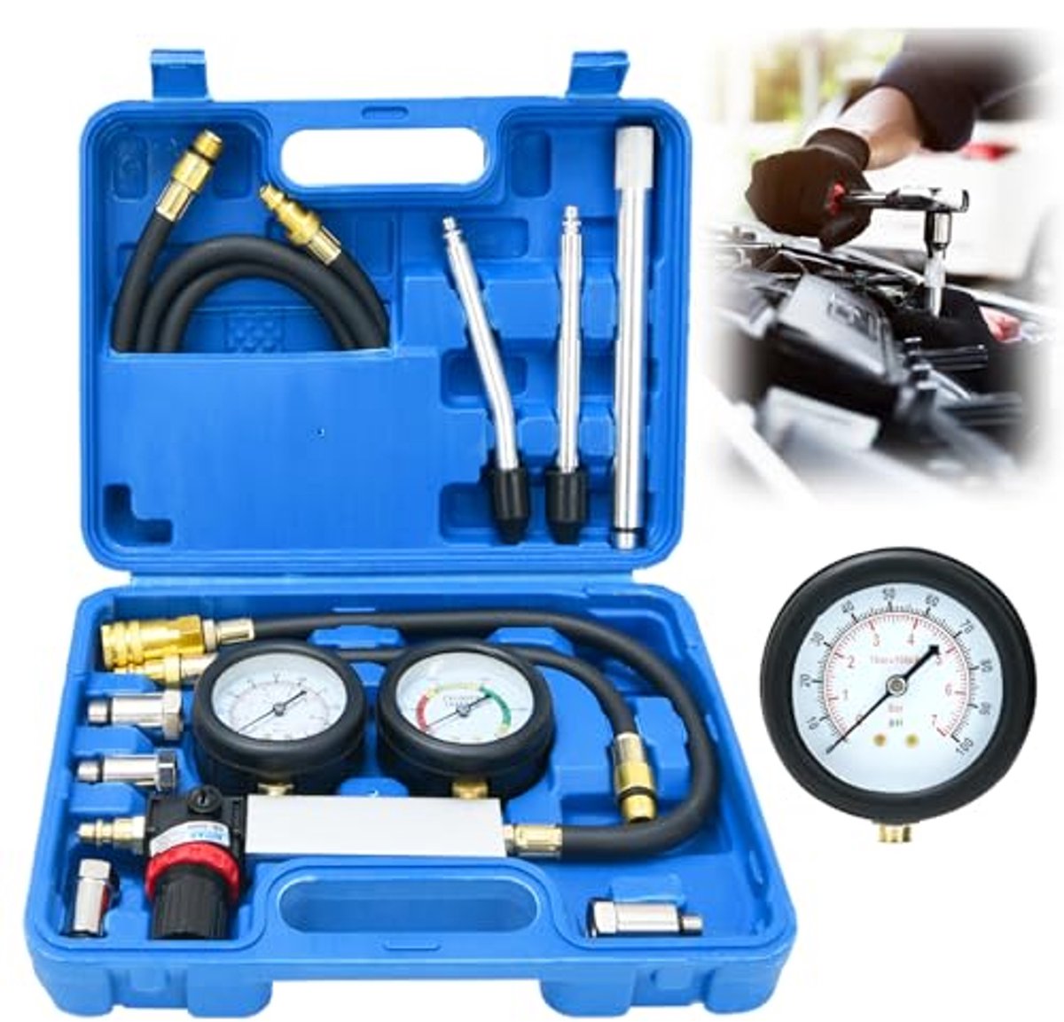 Compressietesterset voor Cilinderlektests - Druk- en Lekkentest met Verlengstuk (0-7 bar, 0-100 psi)