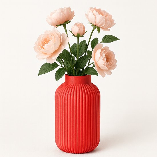 Aurea Ribbel Vaas 25 cm – Moderne 3D Geprinte Bloemenvaas – Strakke Scandinavische Design Vaas voor Droogbloemen en Verse Bloemen – Decoratieve Bloempot voor Binnen – Rood