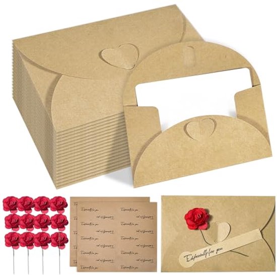 Prebarfun 20-delige Mini Enveloppen Set – Met Kaartjes, Hartsluiting, Stickers En Roosjes, Vintage Kraft