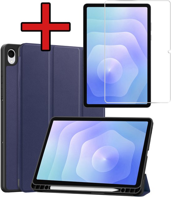 Hoesje - Geschikt voor Samsung Galaxy Tab S11 - Met Screenprotector - Trifold Bookcase Hoes - Hard Cover Case - Met Uitsparing Geschikt voor S Pen - Hardcover Book - Tablethoes - Donkerblauw