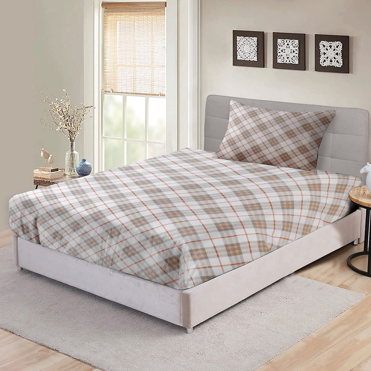 Bed Glow & Apparel Flanel Hoeslaken en Kussensloop Set – 100% Flanel – 90x200 cm + 60x70 cm – Zacht, Duurzaam & Huidvriendelijk –Ideaal voor Elke Slaapkamerstijl - vierkanten patroon