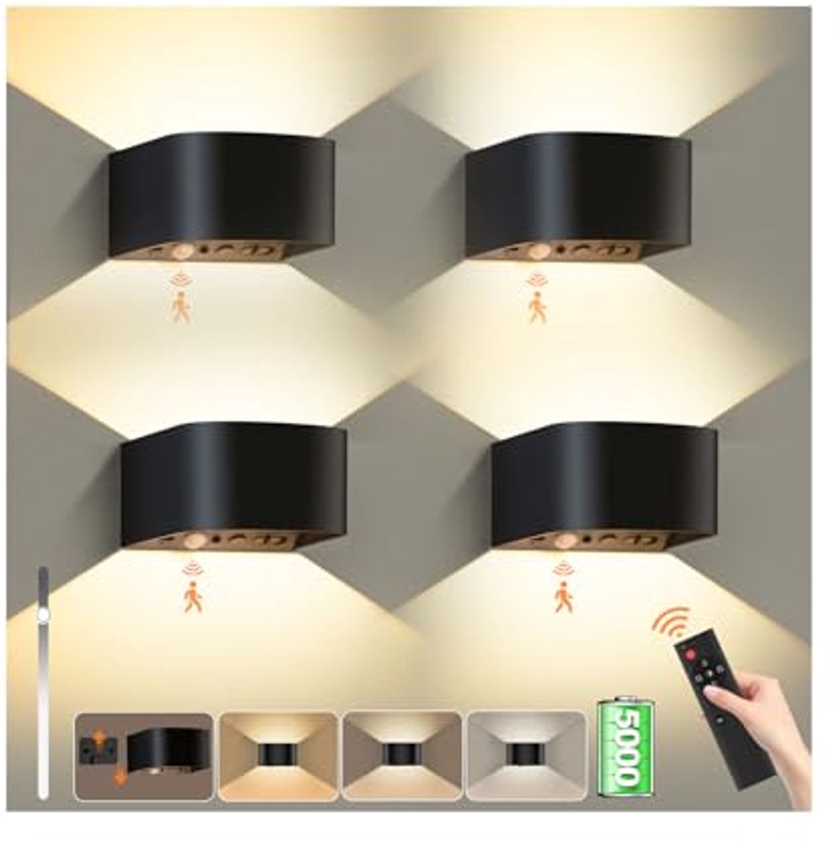 Wandlamp met Accu en Afstandsbediening - Draadloos, Dimbaar, Beweegbare Sensor, 4 Stuks