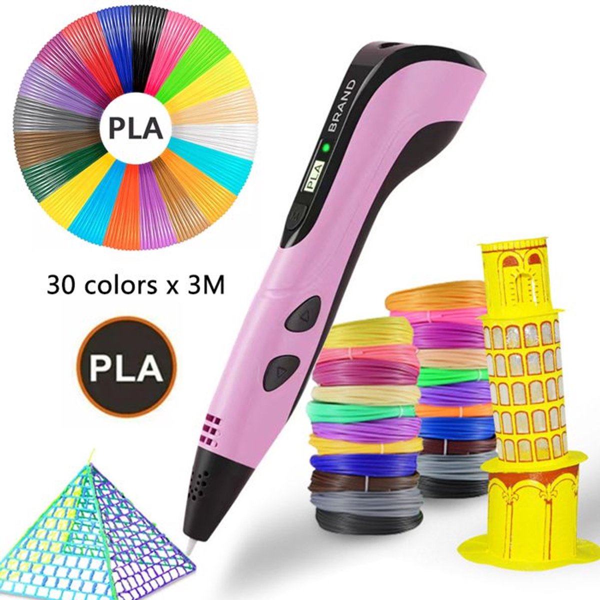 Image of 3D-pen voor kinderen met LCD-scherm, 30 kleuren x 3M PLA-filament, doe-het-zelf educatieve 3D-graffitischildering - roze