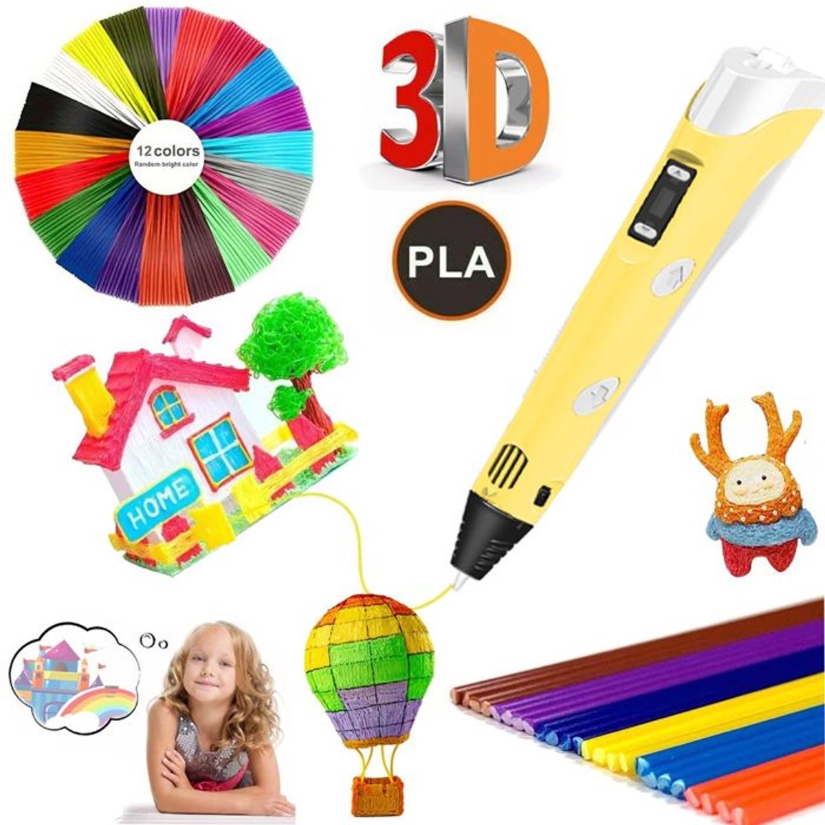 3D-printpenset Doodle Printer Tekenen 12 kleuren Filament Cadeau voor kinderen - Geel
