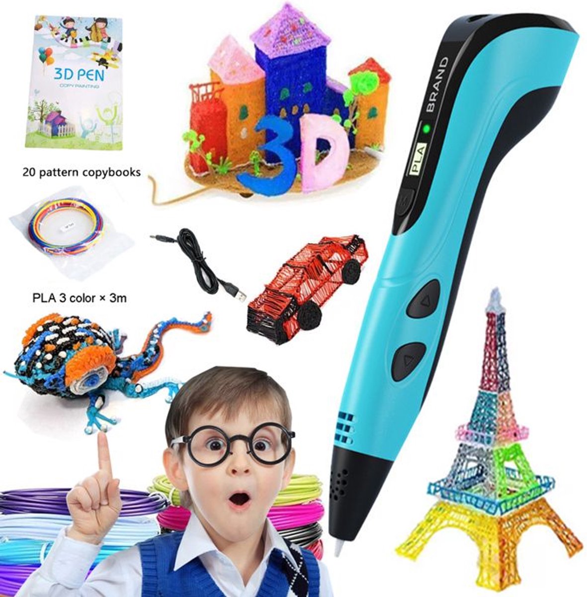 3D-pen voor kinderen met LCD-scherm, 3 kleurenfilament en 20 patronen, DIY educatieve graffiti-schildering - Blauw
