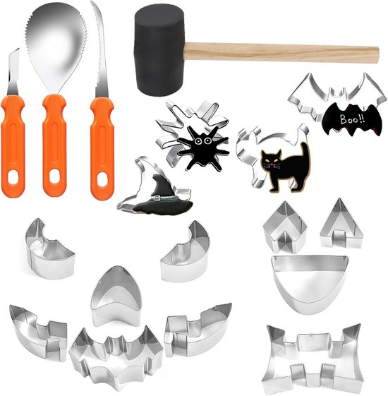 Kit Sculpture Citrouille Halloween - 20 Pièces, Outils Inox Et Pochoirs, Pour Adultes Et Enfants