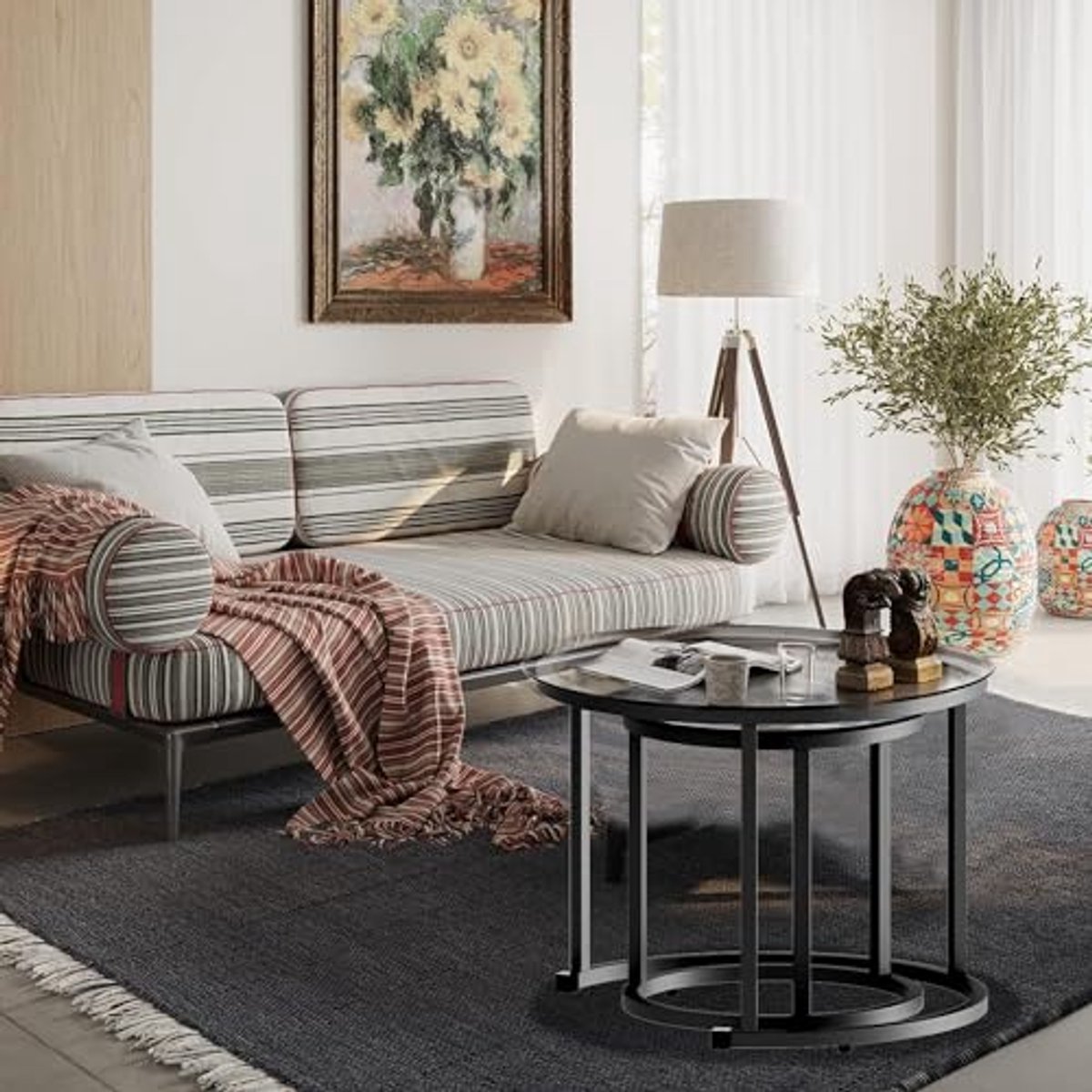 Set van 2 Ronde Salontafels met Metalen Frame - Ruimtebesparende Bijzettafels voor Woonkamer en Slaapkamer