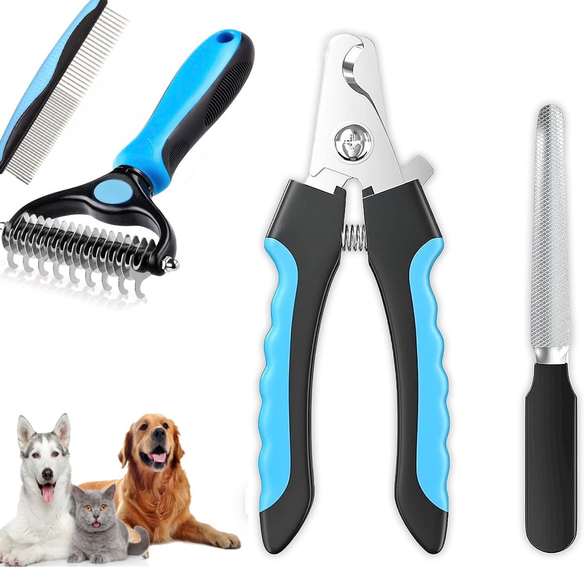 Namajunas - Nagelknipper - Nagelvijl - Nageltang - Nagelknippers Honden - Nagelknipper Kat - Met Veiligheidsstop - Professionele,Anti-slip Handvat - 4-delige Hondenverzorgingsset - Met Ondervacht kam & Hondenkam