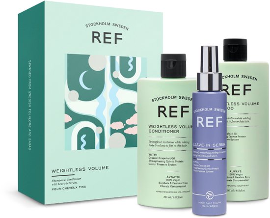 REF Stockholm Weightless Volume giftset met shampoo, conditioner en leave-in serum.